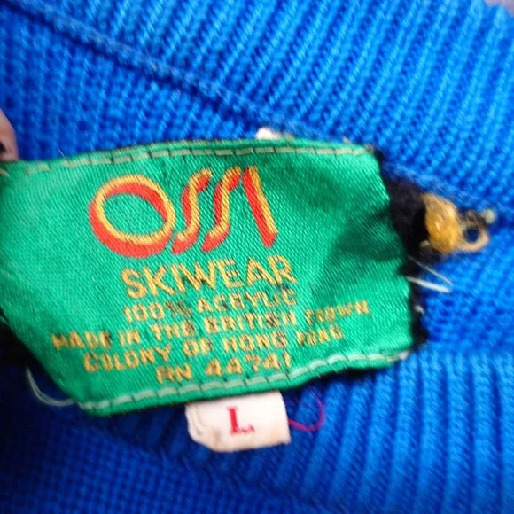 Vintage Ski Sweater Womens L Blue Yellow Red Colorblock Stripe 70s OSSI Slim Fit - Picture 3 of 12
